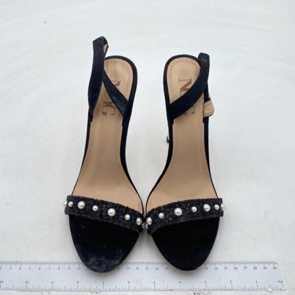 Black Suede Pearl Sexy Sandals Open Toe Slingback High Heel Slip On Wedding Shoe - Picture 2 of 6